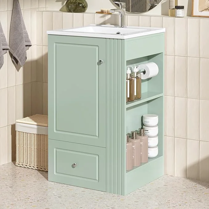 Authentic 20 in Small Bathroom Vanity with Sink Drawer Doors and Side Storage Toilet Paper Holder Solid Wood MDF Modern Single Bathroom Sink Cabinet with Drawers standing Green 20 in About ThisOverview Clean