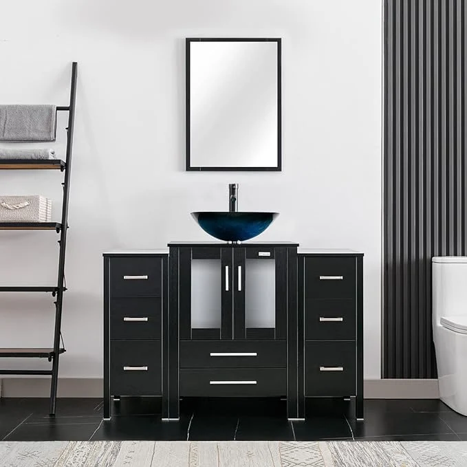 Crafted eclife 48 Modern Bathroom Vanity Sink Combo standing Cabinet with Small Side Cabinet Turquoise Square Glass Vessel Sink Water Save Faucet Drain Black A10 About ThisOverview Recyclable