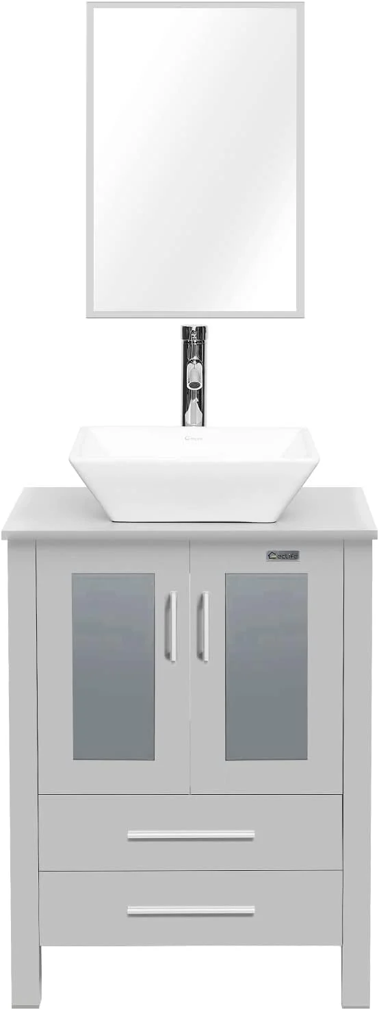 Flexible eclife 24 Modern Bathroom Vanity Sink Combo standing Cabinet with Soft Closing Door White Square Ceramic Vessel Sink Water Save Faucet Drain Gray A07 About ThisOverview High-Quality