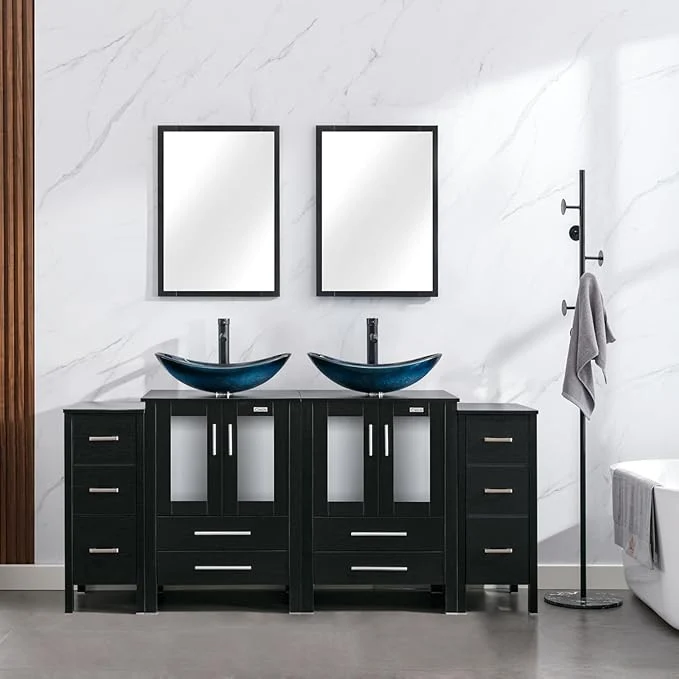 Outstanding eclife 72 Modern Bathroom Vanity Sink Combo standing Cabinet with Small Side Cabinet Blue Boat Glass Vessel Sink Water Save Faucet Drain Black A29BU About ThisOverview Innovative