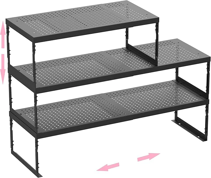 Casual Stackable Expandable Metal Shelf Organizer - Adjustable Wire Storage Rack with Holes for Kitchen Bathroom Cabinet Office - Space Saving Durable Sturdy Design（3PACKS Medium BlackAbout ThisOverview User-Friendly