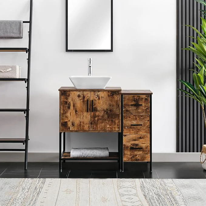 Reliable eclife 36 Bathroom Vanity Sink Combo Modern Metal Stand Cabinet W Bottom Shelf Storage Side Cabinet White Square Vessel Sink Water Save Faucet Pop Up Drain Rustic Brown A07 About ThisOverview Superior