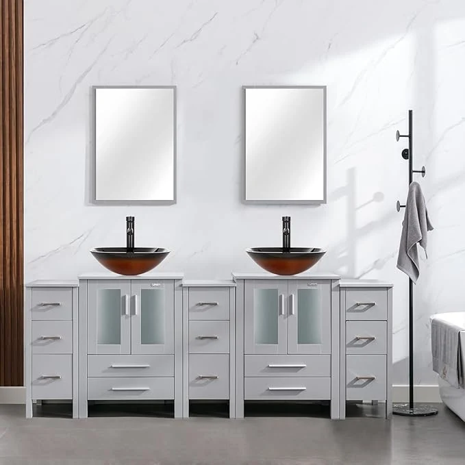 Responsible eclife 84 Modern Bathroom Vanity Sink Combo standing Cabinet with Small Side Cabinet Brown Square Glass Vessel Sink Water Save Faucet Drain Gray A48 About ThisOverview Stylish