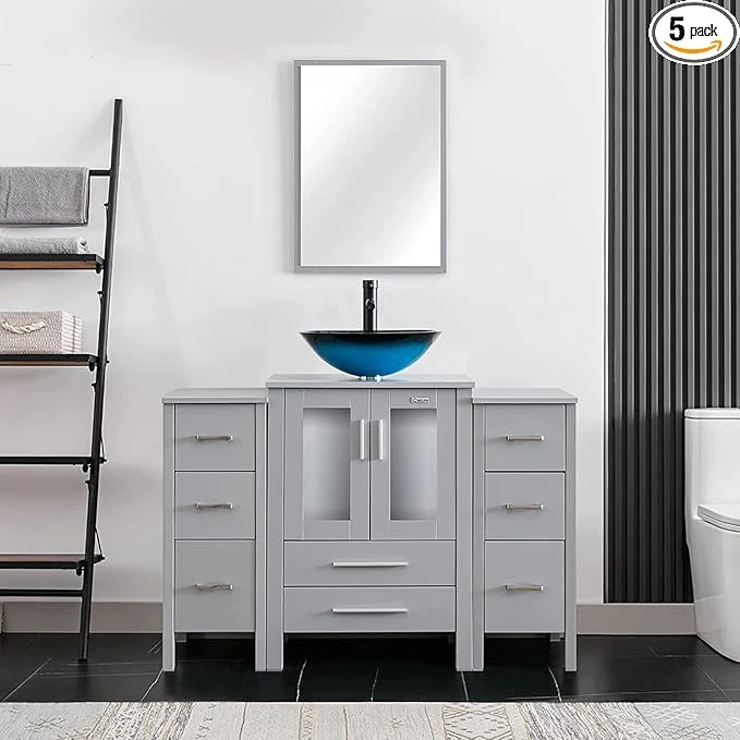 Quality eclife 48 Modern Bathroom Vanity Sink Combo standing Cabinet with Small Side Cabinet Turquoise Square Glass Vessel Sink Water Save Faucet Drain Gray A10 About ThisOverview Carefully Designed