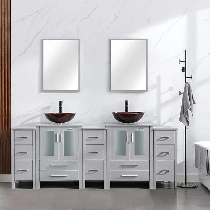 Official eclife 84 Modern Bathroom Vanity Sink Combo standing Cabinet with Small Side Cabinet Brown Round Glass Vessel Sink Water Save Faucet Drain Gray A09 About ThisOverview Outstanding
