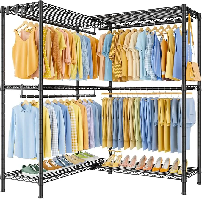 Green E15 Plus Garment Rack L Shaped Clothes Rack for Corner，standing Clothing Racks for Hanging Clothes，Heavy Duty Closet System with 4 Hanging Rods 8 S Hooks，48.5 W x 35 D x 78.4 H，BlackAbout ThisOverview Convenient