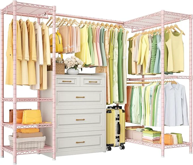 Trendy E10L L-Shaped Clothes Rack for Corner（With Expandable Hanger Rod）Heavy Duty standing Clothing Racks for Hanging Clothes，Portable Garment Rack 58-82 W x 30 D x 72 H，Max Load 900LBS PinkAbout ThisOverview Fine