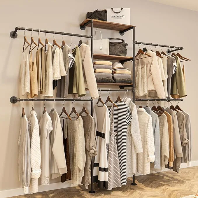 Elegant Industrial Pipe Clothing Rack - Heavy Duty Wall Mounted Clothes Rack Corner Closet System DIY Wardrobe Organizer with Shelves Walk in Closet Storage BLACK 94.5 About ThisOverview Secure