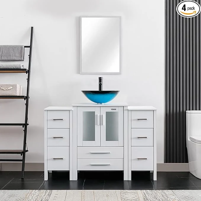 Expertly Made eclife 48 Modern Bathroom Vanity Sink Combo standing Cabinet with Small Side Cabinet Turquoise Square Glass Vessel Sink Water Save Faucet Drain White A10 About ThisOverview Eco-Friendly
