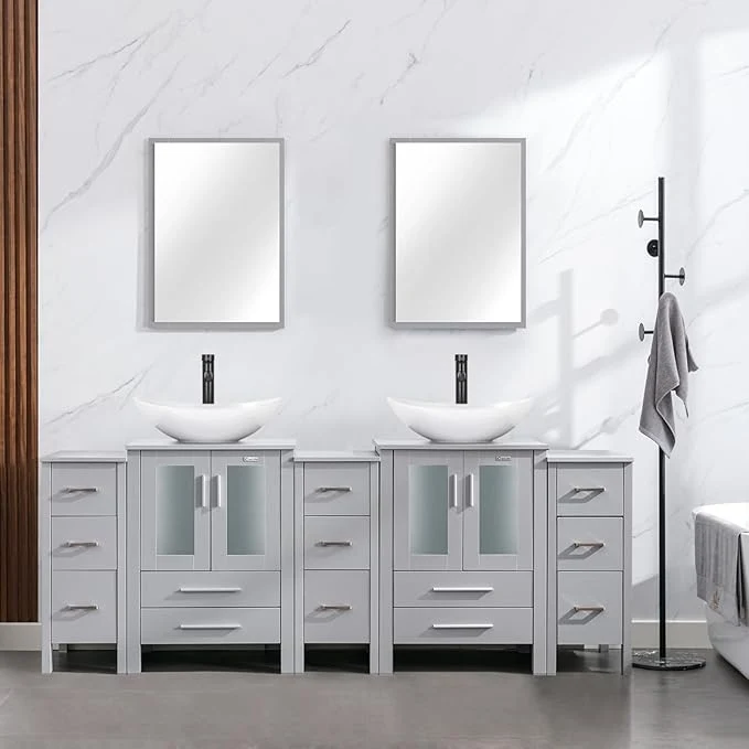 Professional eclife 84 Modern Bathroom Vanity Sink Combo standing Cabinet with Small Side Cabinet White Boat Ceramic Vessel Sink Water Save Faucet Drain Gray T44 About ThisOverview Recyclable