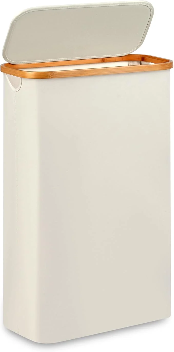 Crafted Slim Laundry Hamper Narrow laundry Hamper with Lid 60L Hamper for Laundry Dirty Cloth Hamper with Bamboo Handle for Toys Towels Clothes Organizing BeigeAbout ThisOverview Certified