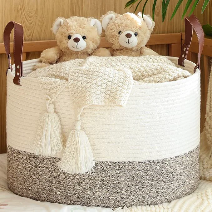 Safe KAKAMAY Large Blanket Basket 20 x13 Woven Baskets for storage Baby Laundry Hamper Cotton Rope Blanket Basket for Living Room Laundry Nursery Pillows Baby Toy chest White Beige About ThisOverview Prestigious