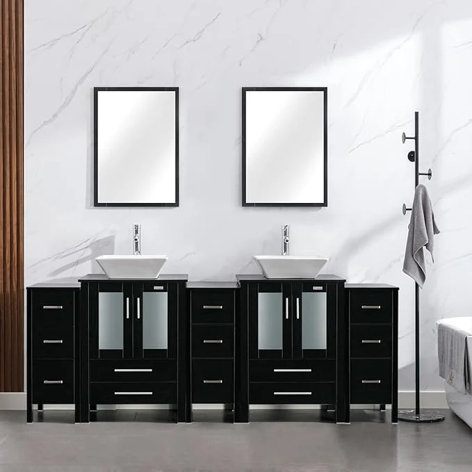 Original eclife 84 Modern Bathroom Vanity Sink Combo standing Cabinet with Small Side Cabinet White Square Ceramic Vessel Sink Water Save Faucet Drain Black A07 About ThisOverview Superior