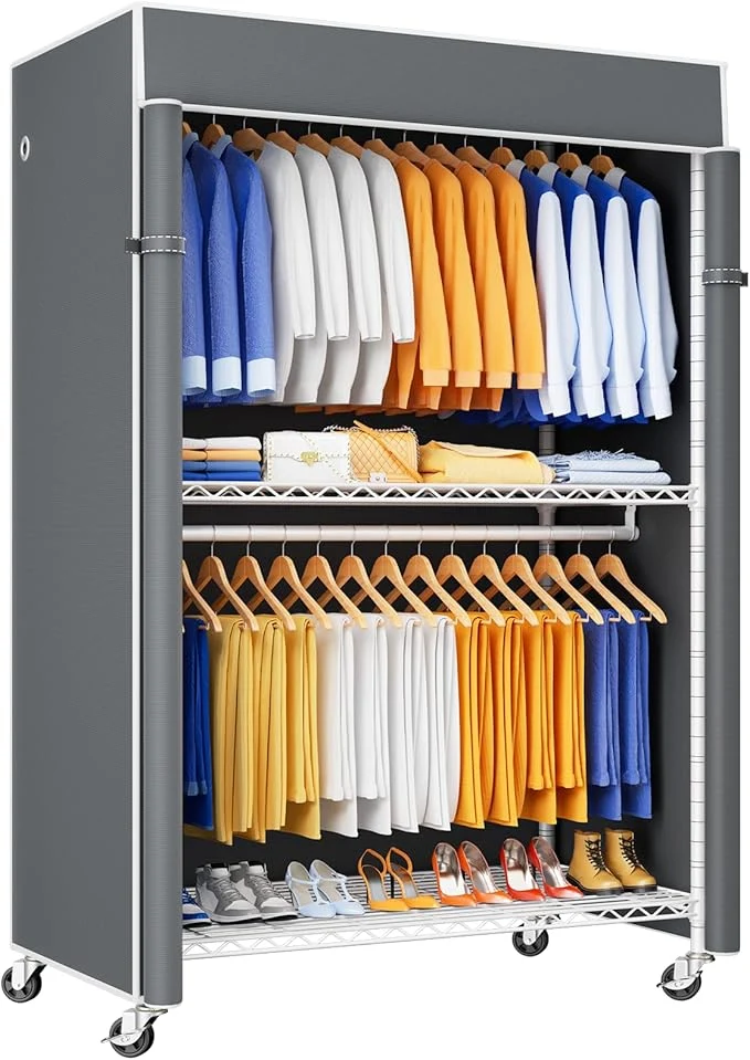Innovative P8C Heavy Duty Clothes Rack（With Extended Width Design） Rolling Clothing Racks for Hanging Clothes with Lockable Wheels，51.2 W x 15.8 D x 80.5 H，Max Load 700LBS，White Rack with Grey CoverAbout ThisOverview Soft