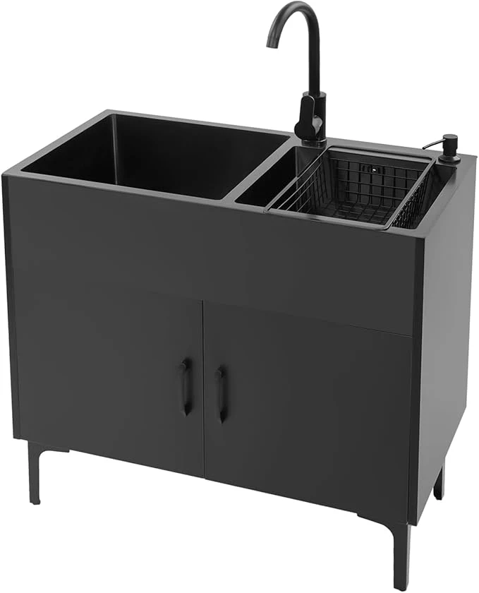 Trusted 32-Inch Utility Sink Cabinet with 360° Swivel Hot Cold Faucet Laundry Sink with Cabinets and Stainless Steel Double Sinks standing Cabinet with Sink for Laundry Utility Room Kitchen BathroomAbout ThisOverview Innovative