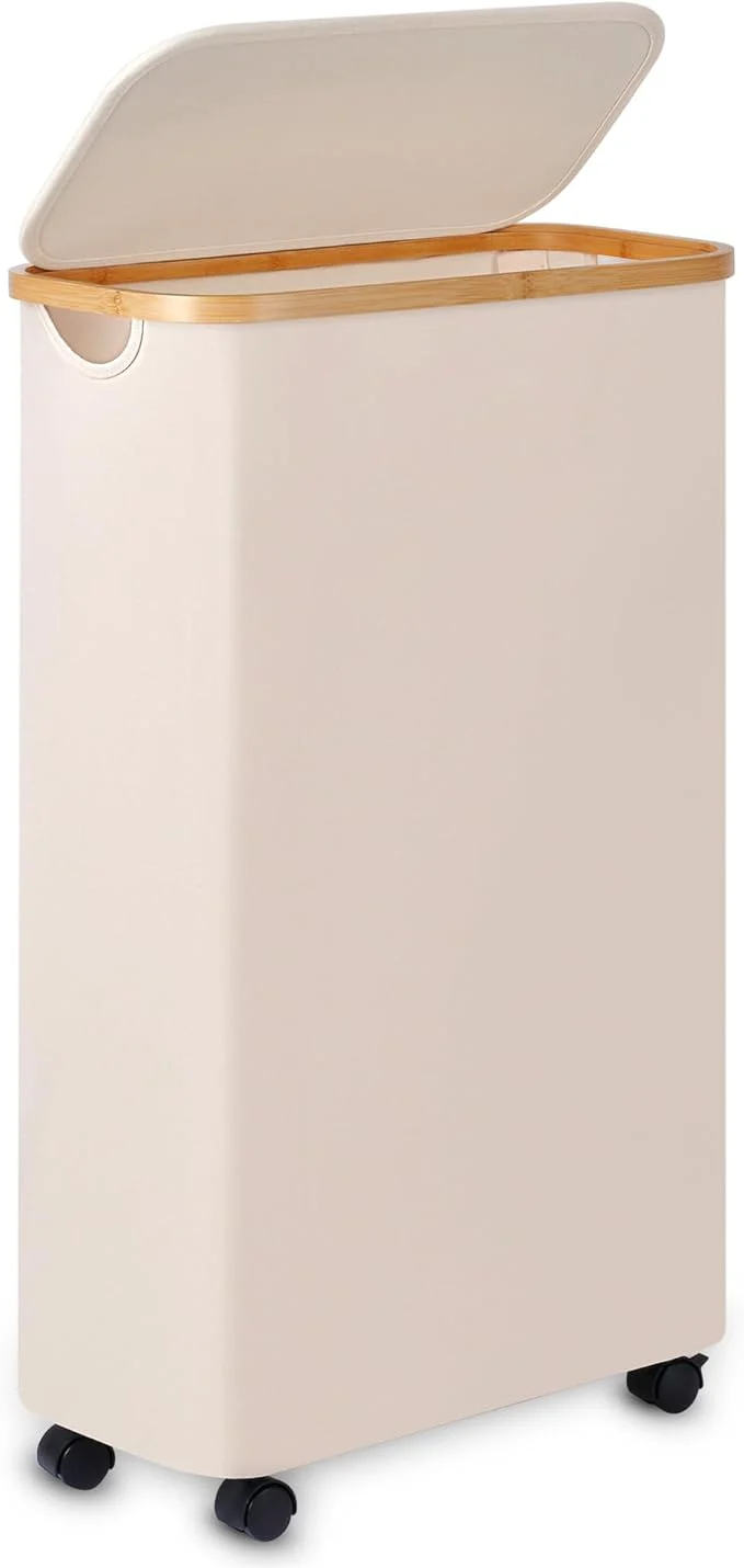 Powerful Slim Laundry Basket with Wheels Narrow Hampers for Laundry standing Laundry Hamper with Lid Bamboo Handles Collapsible Waterproof Tall Cloth Hamper for Dorm Family 60L Beige About ThisOverview High-Performance