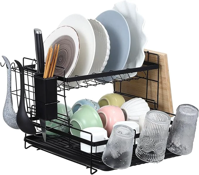 Elegant Large Capacity Double Tier Dish Drying Rack with Drainboard and Side Utensil Holder Over Sink Kitchen Counter Organizer for Bowls Plates Cutlery and Chopping Board StorageAbout ThisOverview Lightweight