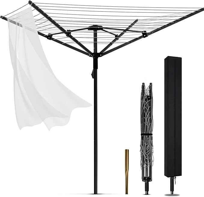 Comfortable Umbrella Clothesline Outdoor Rotary Retractable Clothes Line Outdoors Adjustable Height Drying Rack Clothing 4 Arms 12 Lines with 165 Feet Heavy Duty Outdoor Clothesline for BackyardAbout ThisOverview Reliable