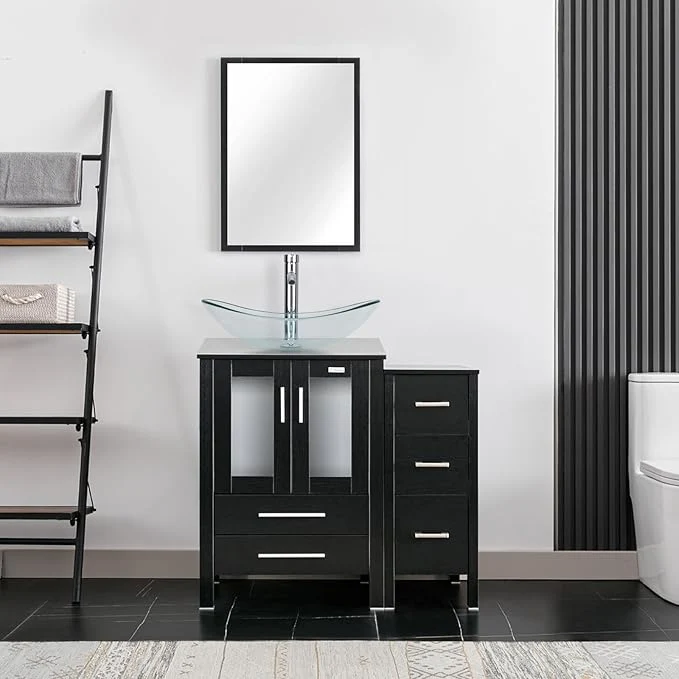 Prestigious eclife 36 Modern Bathroom Vanity Sink Combo standing Cabinet with Small Side Cabinet Clear Boat Glass Vessel Sink Water Save Faucet Drain Black A29TT About ThisOverview User-Friendly