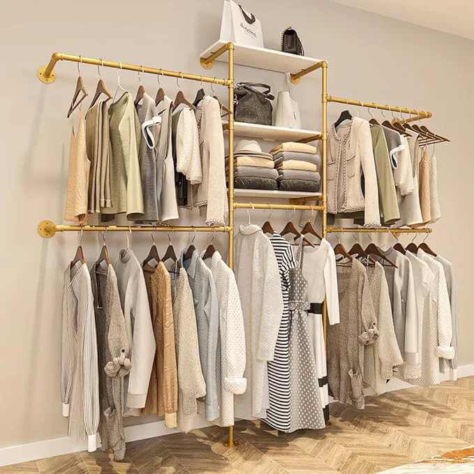 Authentic Heavy Duty Gold Pipe Clothing Rack - Wall Mounted Industrial Clothes Rack DIY Corner Closet System with Shelves Adjustable Walk-in Closet Organizer GOLD 94.5 About ThisOverview Unique
