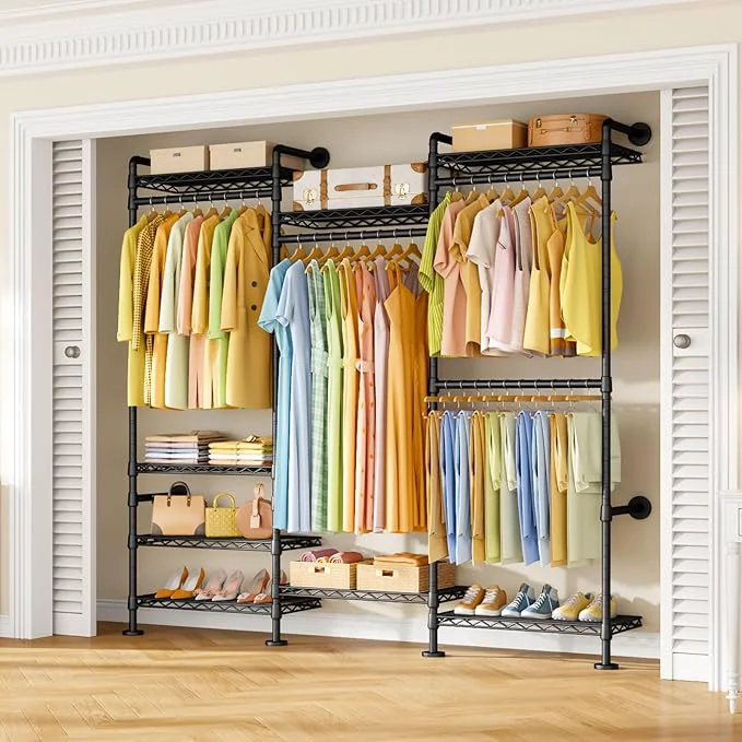 Expertly Made M6 Clothes Rack for Wall Mounted Heavy Duty Closet Wardrobe System with 8 Shelves and 4 Hanger Rods 68.5 W x 11.8 D x 86.6 H Clothing Storage Organizer for Holding 1064lbs BlackAbout ThisOverview Sustainable