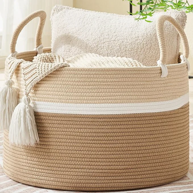 Premium Material KAKAMAY Large Blanket Basket 20 x13 Woven Baskets for storage Baby Laundry Hamper Cotton Rope Blanket Basket for Living Room Laundry Nursery Pillows Baby Toy chest White and Brown About ThisOverview Efficient