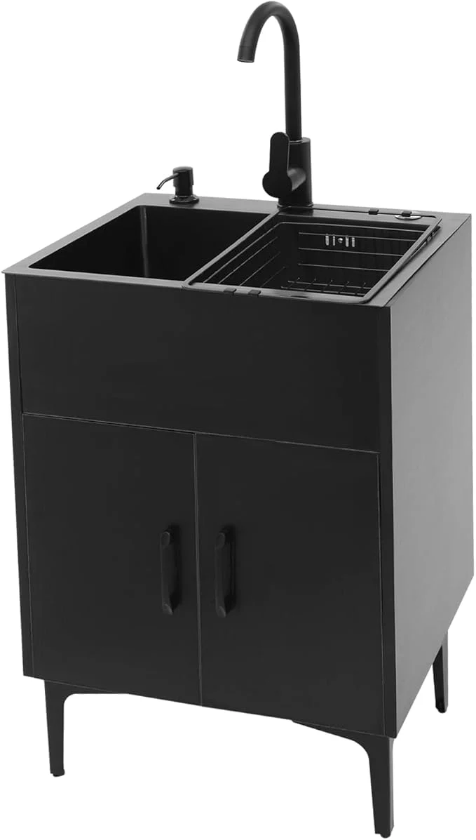 Enhanced 20-Inch Laundry Sink with Cabinet 360° Swivel Hot Cold Faucet standing Kitchen Sink Cabinet with Stainless Steel Sink Drain Basket Black Cabinet with Sink for Laundry Utility RoomAbout ThisOverview Comfortable