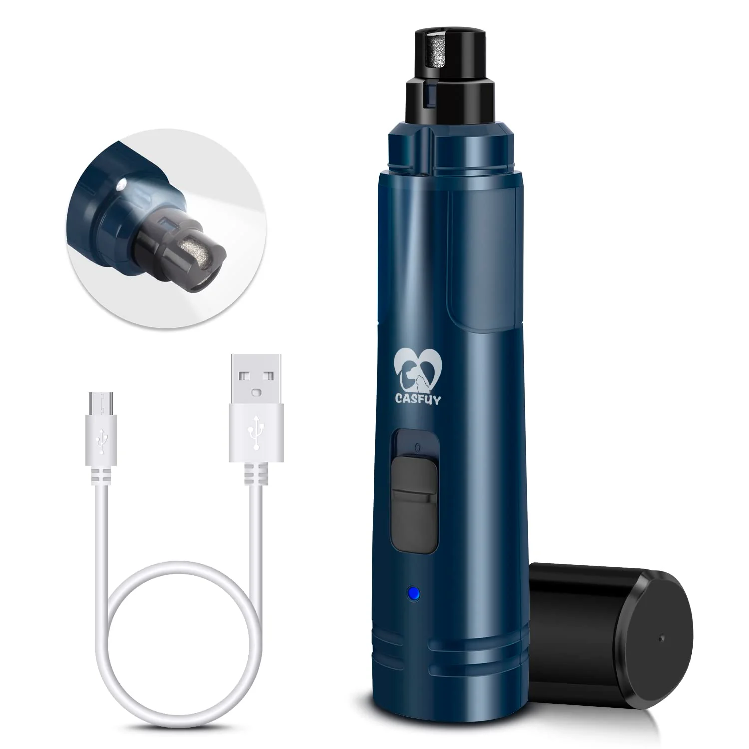 Fine Casfuy Dog Nail Grinder with LED Light — 2-Speed 3 Ports Rechargeable Dark Blue Fashionable