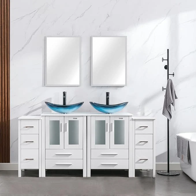 Official eclife 72 Modern Bathroom Vanity Sink Combo standing Cabinet with Small Side Cabinet Blue Boat Glass Vessel Sink Water Save Faucet Drain White A29BU About ThisOverview Prestigious