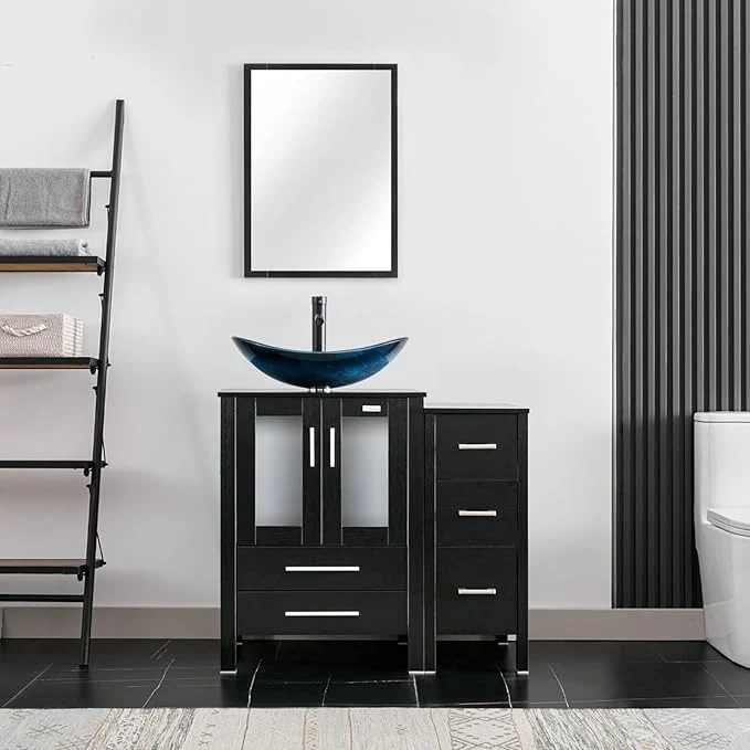 High-Grade eclife 36 Modern Bathroom Vanity Sink Combo standing Cabinet with Small Side Cabinet Blue Boat Glass Vessel Sink Water Save Faucet Drain Black A29BU About ThisOverview High-Quality
