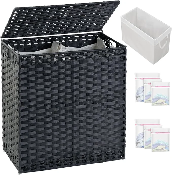 Exceptional Laundry Hamper with Lid Wicker Laundry Basket 112 L 29.6 Gal Laundry Hampers Handwoven Rattan Clothes Hamper with Handles 3 Removable Liner Bag 6 Mesh Bags for Bathroom Bedroom BlackAbout ThisOverview Lightweight