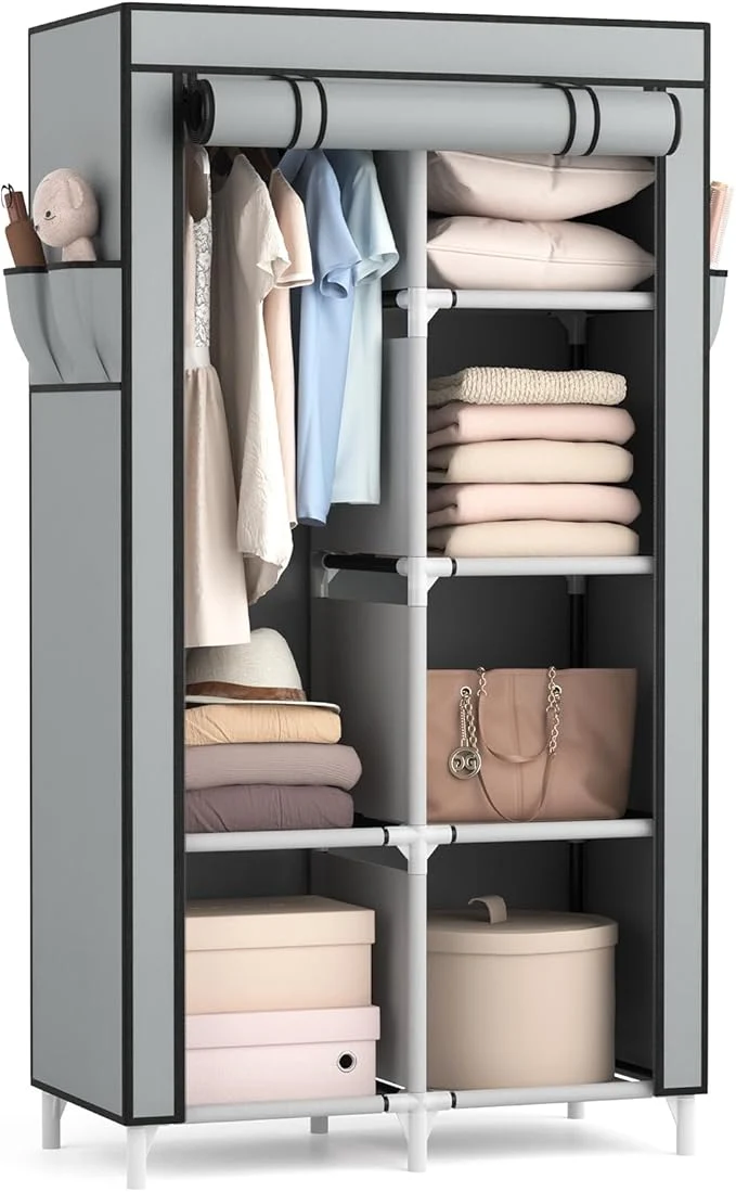 Elite ROJASOP Portable Closet Wardrobe Closet for Hanging Clothes with 6 Storage Shelves 1 Hanging Rod and 4 Pockets Clothes Organizer and Storage Wardrobe Standing Closet for Bedroom GreyAbout ThisOverview Green
