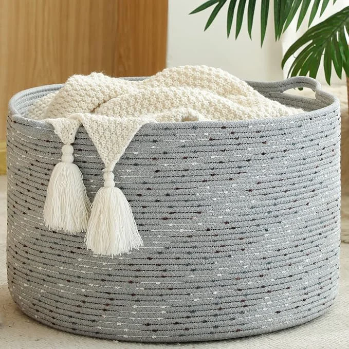 Clean KAKAMAY Large Blanket Basket 20 x13 Woven Baskets for storage Baby Laundry Hamper Cotton Rope Blanket Basket for Living Room Laundry Nursery Pillows Grey with Blue Brown DottedAbout ThisOverview Next-Generation