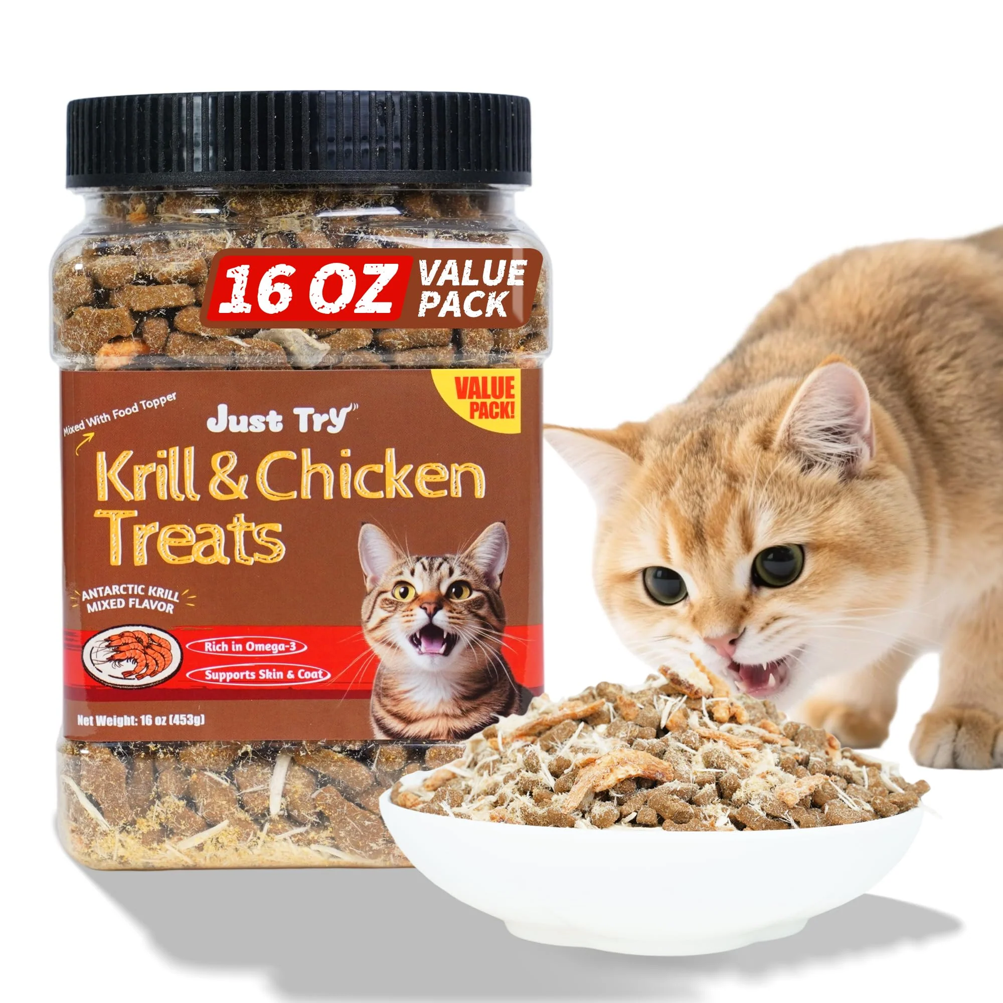 Enhanced Just Try 16 oz Krill Chicken Cat Treats – Omega-3 Skin Coat Support Dental Care Training Modern