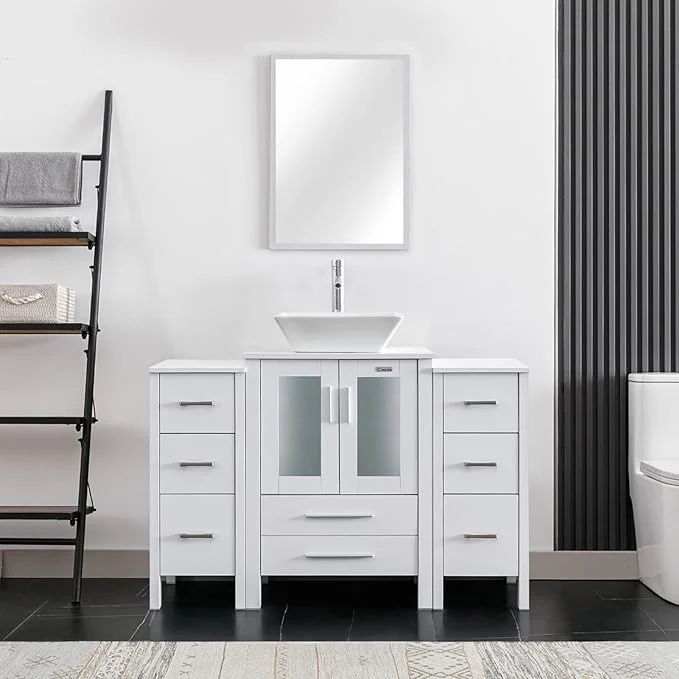 Smart eclife 48 Modern Bathroom Vanity Sink Combo standing Cabinet with Small Side Cabinet White Square Ceramic Vessel Sink Water Save Faucet Drain White A07 About ThisOverview Solid