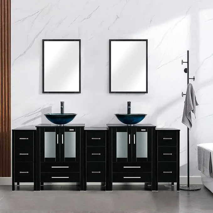 High-Quality eclife 84 Modern Bathroom Vanity Sink Combo standing Cabinet with Small Side Cabinet Turquoise Square Glass Vessel Sink Water Save Faucet Drain Black A10 About ThisOverview Environmentally Friendly