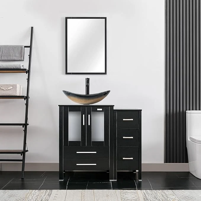 Verified eclife 36 Modern Bathroom Vanity Sink Combo standing Cabinet with Small Side Cabinet Champagne Boat Glass Vessel Sink Water Save Faucet Drain Black A29CH About ThisOverview Enhanced