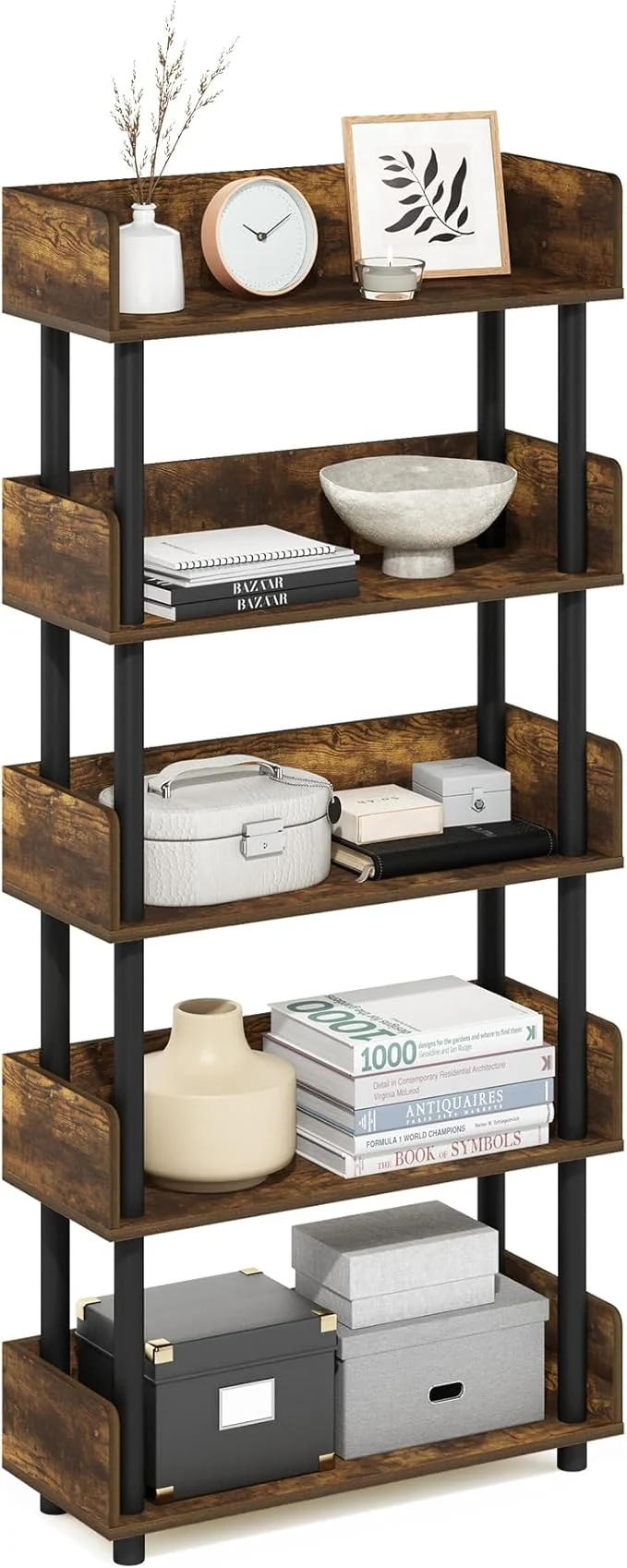Traditional Furinno TURN-N-TUBE 5-Tier Display Shelf Storage Shelves Book Shelf Open Shelves with Rounded Corner Top Edges for Organization and Storage Living Room Home Office Amber PineAbout ThisOverview Environmentally Friendly
