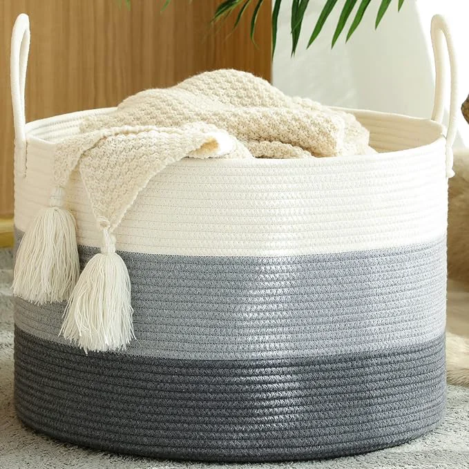 Certified KAKAMAY Large Blanket Basket 20 x13 Woven Baskets for storage Baby Laundry Hamper Cotton Rope Blanket Basket for Living Room Laundry Nursery Pillows Baby Toy chest with Handles White Grey About ThisOverview Secure