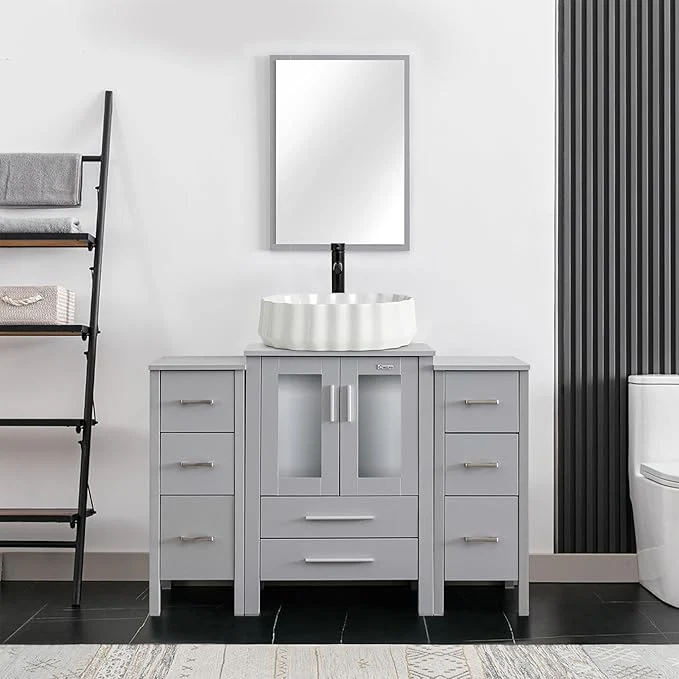Verified eclife 48 Modern Bathroom Vanity Sink Combo standing Cabinet with Small Side Cabinet White Shell Ceramic Vessel Sink Water Save Faucet Drain Gray T54 About ThisOverview Easy-to-Use