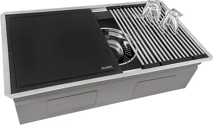 Smooth Ruvati 33-inch Workstation Two-Tiered Ledge Undermount Kitchen Sinks 16 Gauge Stainless Steel with Black Composite Accessories - Deep Undermount Sink Kitchen Sink Stainless Steel Sinks - RVH8224About ThisOverview Artisan