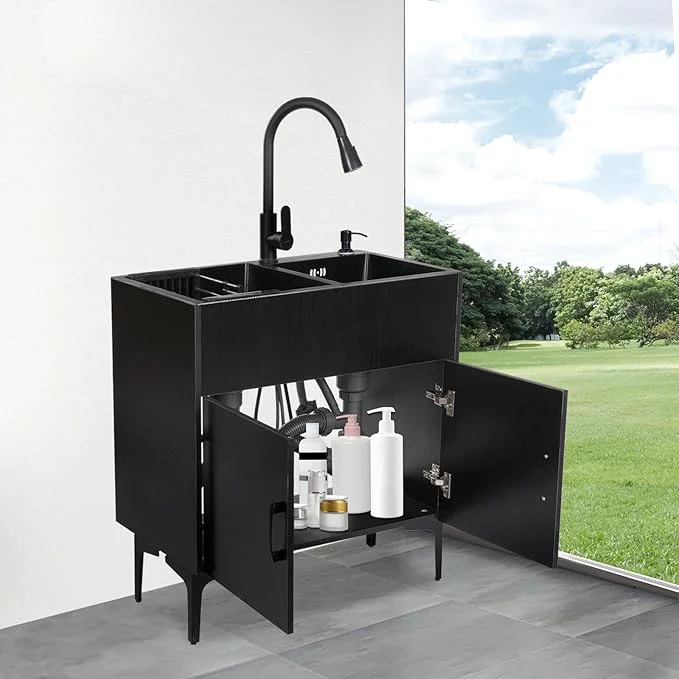 Optimized 30-Inch Laundry Sink with Cabinet and Pull-Out Sprayer Faucet standing Kitchen Sink Cabinet with Stainless Steel Sink Draining Basket Wash Station Tub for Laundry Bathroom KitchenAbout ThisOverview First-Class