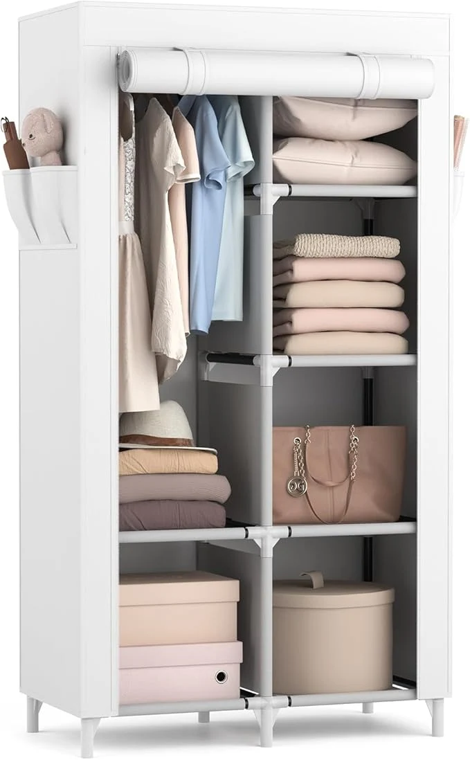 Comfortable ROJASOP Portable Closet Wardrobe Closet for Hanging Clothes with 6 Storage Shelves 1 Hanging Rod and 4 Pockets Clothes Organizer and Storage Wardrobe Standing Closet for Bedroom WhiteAbout ThisOverview Reliable