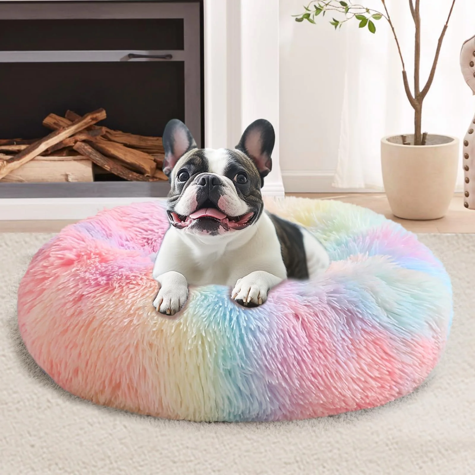 Fast JOLLYVOGUE Calming Donut Bed for Small Dogs Kittens Washable Anti-Slip Plush Faux Fur User-Friendly