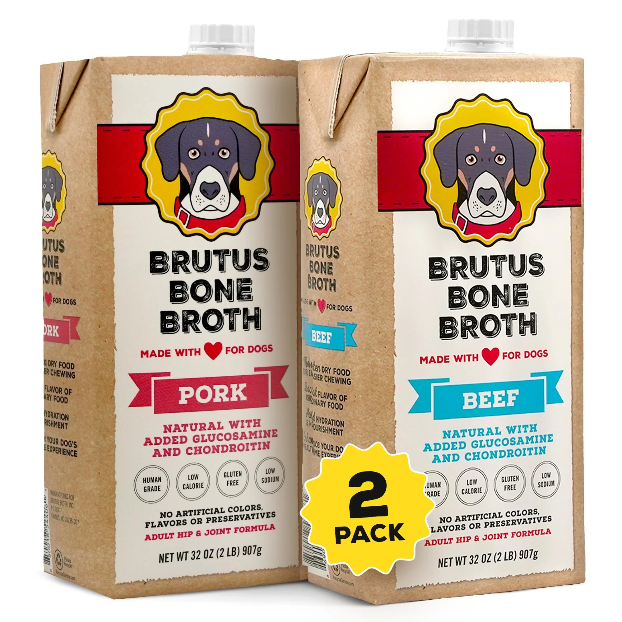 Fine Crafted Brutus Bone Broth for Dogs All-Natural Toppers with Glucosamine Chondroitin Turmeric Beef Pork Bundle Powerful
