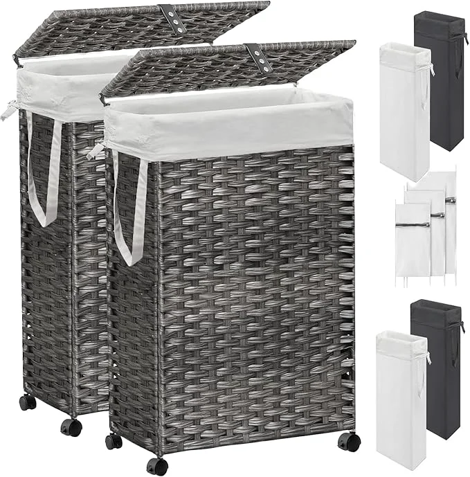 Breathable 70L Slim Laundry Hamper with Lid Wheels 2-Park Rolling Laundry Basket with 4 Removable Liner Bags 3 Mesh Bags Narrow Dirty Clothes Basket Foldable Handwoven Rattan Laundry Sorter GreyAbout ThisOverview Authentic
