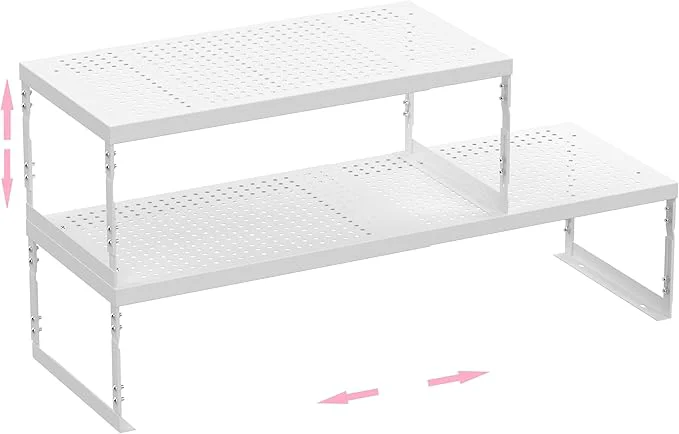 Original Design Stackable Expandable Metal Shelf Organizer - Adjustable Wire Storage Rack with Holes for Kitchen Bathroom Cabinet Office - Space Saving Durable Sturdy Design（2PACKS Medium WhiteAbout ThisOverview Easy-to-Use