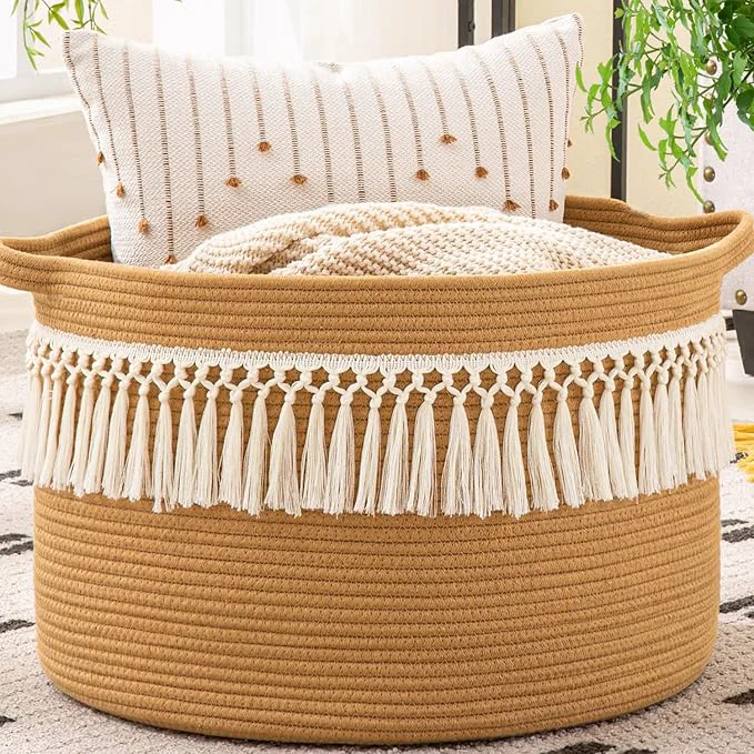 Top-Quality KAKAMAY Large Blanket Basket 20 x13 Woven Baskets for storage Baby Laundry Hamper Cotton Rope Blanket Basket for Living Room Laundry Nursery Pillows Baby Toy chest Brown Fringe About ThisOverview Optimized