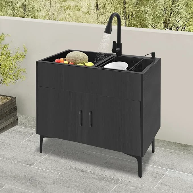 Traditional 32-Inch Utility Sink Cabinet with Pull-Out Sprayer Faucet Laundry Sink with Cabinets and Stainless Steel Double Sinks standing Cabinet with Sink for Laundry Utility Room Kitchen BathroomAbout ThisOverview High-End