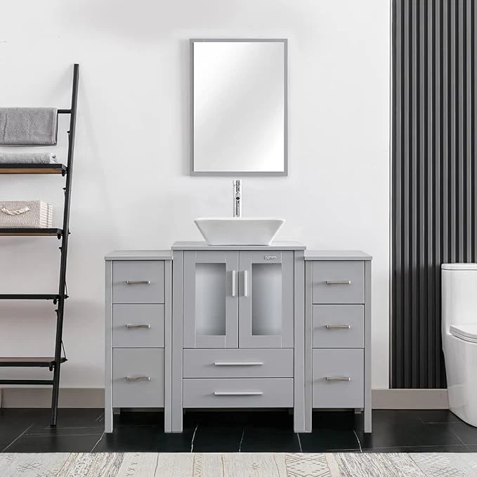 Minimalist eclife 48 Modern Bathroom Vanity Sink Combo standing Cabinet with Small Side Cabinet White Square Ceramic Vessel Sink Water Save Faucet Drain Gray A07 About ThisOverview Expertly Made
